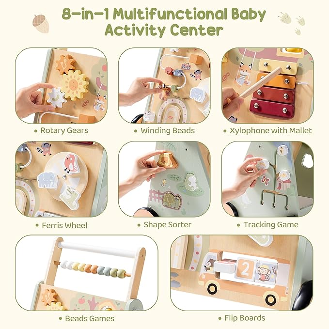 ROBOTIME Baby Walking Toy, Adjustable Speed & Height Wooden Baby Walker Push Toy, Montessori Toddler Push Toy with Brake, Storage & Multi-Activity Play Center for 10M+ Kids (Forest Fairy Tale)