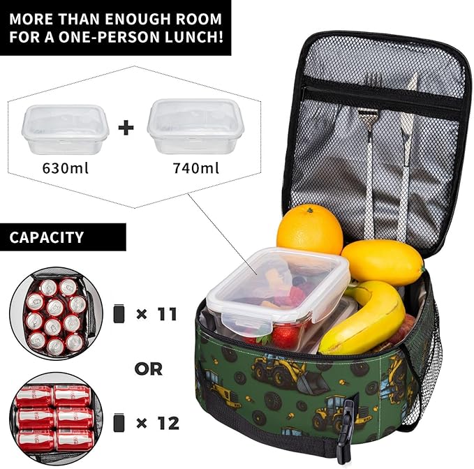 Construction Truck Lunch Box for Boys Kids, Cartoon Tire Reusable Thermal Insulation Cooler Tote Bags, Fun Builder Vehicle Insulated Bag for School Picnic Camping Outdoor Travel, Gifts