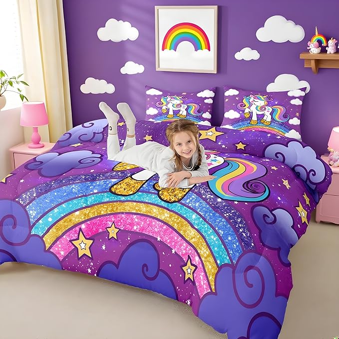 Feelyou Unicorn Bedding Twin Bed Sets for Girls Purple Cute Unicorn Comforter for Girls Comforter Set Star Print Kawaii Duvet Quilt Bedroom Decor Rainbow Bedding Cartoon Quilt,All Season