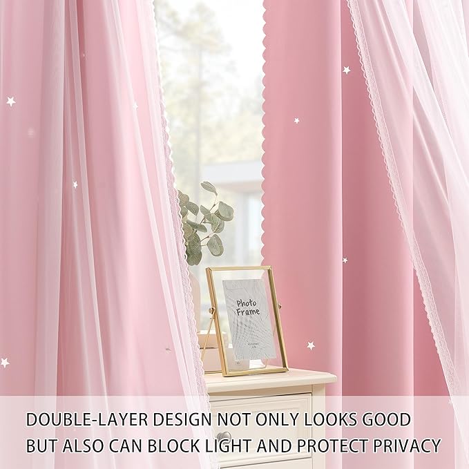 XiDi Blackout Light Pink Curtains Star with Sheer Overlay for Girls Bedroom Living Room 84 Inches Long 2 Panels Nursery Kids Princess Room Darkening Drapes Grommet Window Curtains Baby Pink 34x84