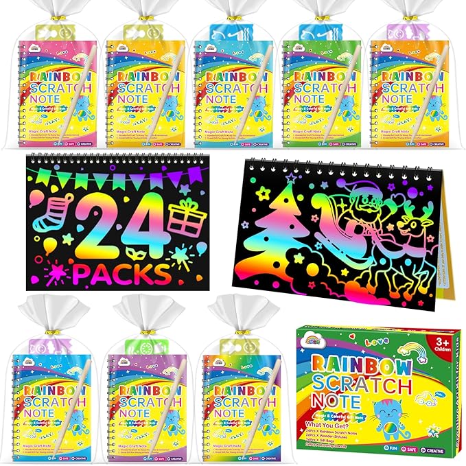 ZMLM Rainbow Scratch Party Favors Kids: Classroom Birthday Gifts Toy Bulk Scratch Art Notebook 24 Pack Goodie Bags Stuffers Girls Boys Classroom Prizes Student School Art Craft Stocking Stuffers