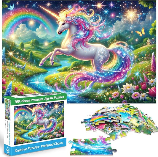 100 Piece Puzzles Raibow Unicorn Puzzle for Kids Ages 4-8 8-10, 100 Piece Jigsaw Puzzle for Adults Toddler Children Learning Educational Puzzles Toys Birthday Gifts for Girls Boys