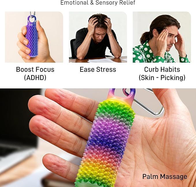 4 Pack Little Ouchies Pain Fidget Toy with Adjustable Weight & Carabiner, 3D Printed Spiky Sensory Keychain for Anxiety Relief and Focus - Portable Stress Relief Tool for Adults, Teens, Skin Picking