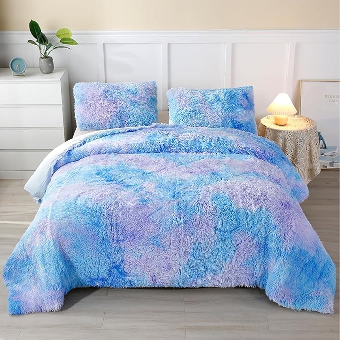 PERFEMET 3 Pcs Fluffy Faux Fur Comforter Full Size Plush Flannel Furry Blue Bedding Set Soft Tie Dye Velvet Fuzzy Comforter Set for Girls(Blue, Full)