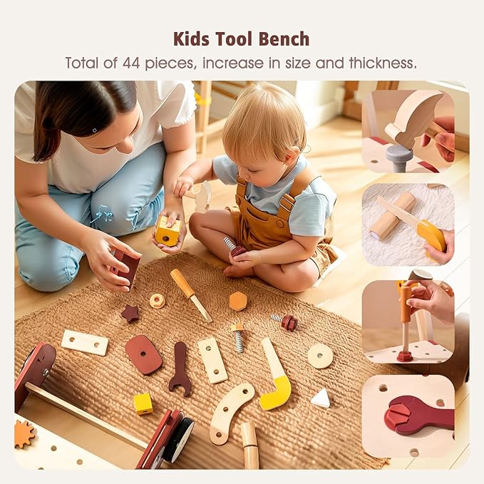 3-in-1 Wooden Baby Walker Adjustable Height with Tool Bench and Toy Storage Wagon - Multifunctional Toddler Push Walker Ergonomically Designed for Natural Walking - 3+ Years of Continuous Use