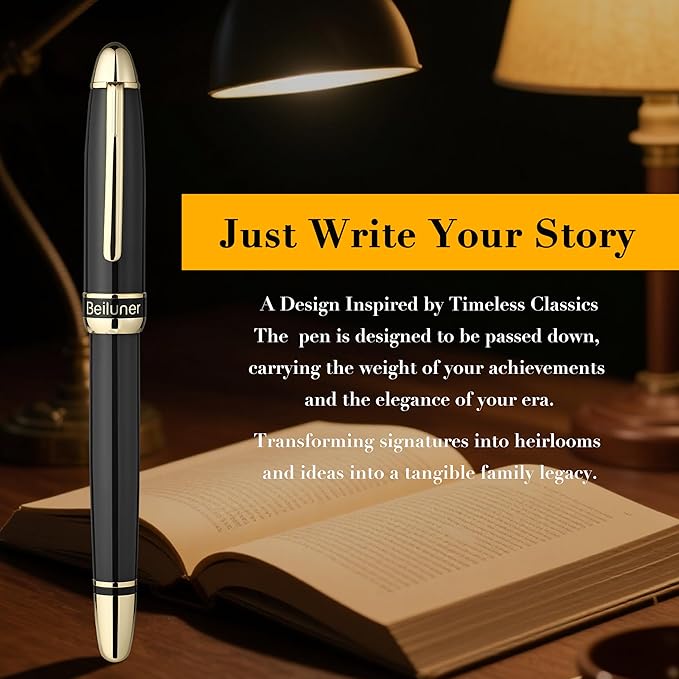 BEILUNER 315 Luxury Rollerball Pen, with 24K Gold Finish, Black Piano Lacquer, Luxury Grade Craftsmanship, Best Pen Gift Set for Men and Women, Professional, Executive, Office, Fancy, Nice Pens