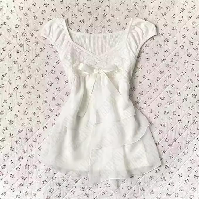 Grunge Emo Goth Shirts Y2k Lace Bow Coquette Babydoll Tops Women Vintage Graphic Tee 2000s Summer Crop Tops