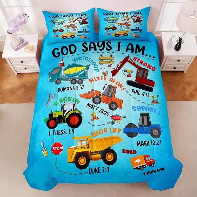 Boys Construction Vehicles Truck Comforter Set Twin,Christian Kids God Says I Am Construction Bedding Set,Car Excavator Tractor Bedroom Set（1 Comforter 2 Pillowcase） Blue