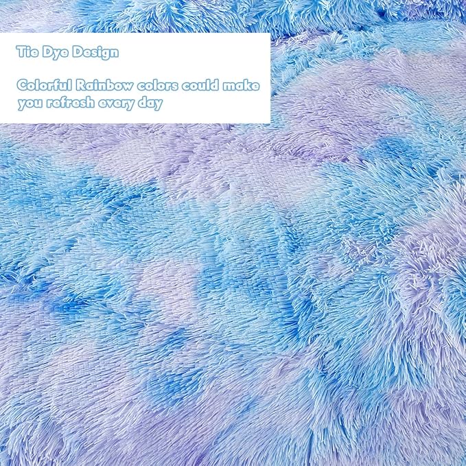 PERFEMET 3 Pcs Fluffy Faux Fur Comforter Full Size Plush Flannel Furry Blue Bedding Set Soft Tie Dye Velvet Fuzzy Comforter Set for Girls(Blue, Full)