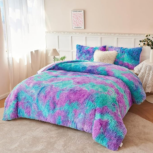 PERFEMET Fuzzy Girls Queen Size Bedding Set 3 Pieces Luxury Purple and Teal Faux Fur Fluffy Comforter for Kids Teens Ultra Soft Warm Tie Dye Velvet Plush Shaggy Bed Comforter Sets(Purple Teal, Queen)