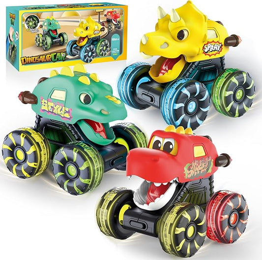 3 Pack Dinosaur Monster Truck Toys with Light-Up LED Wheels for Toddlers Kids