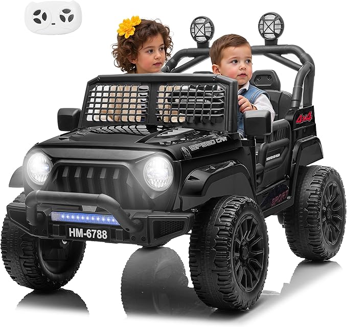 2 Seater Ride on Car for Kids, 24V Electric Vehicles w/20 Large Wide Seat, 4 Wheeler Suspension, Remote Control, 3 Speed, Bluetooth Music, Ride on Truck for Boy, Girl 3-8 Years Old, Black