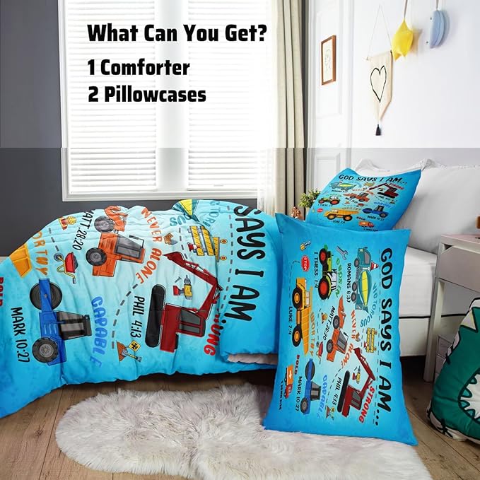 Boys Construction Vehicles Truck Comforter Set Queen,Christian Kids God Says I Am Construction Bedding Set,Car Excavator Tractor Bedroom Set（1 Comforter 2 Pillowcase） Blue