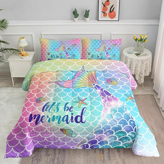 Mermaid Tail Comforter Set Rainbow Scales Printed Bedding Set with 1 Comforter and 2 Pillowcases for Boys and Girls Bedroom All Season(Mermaid Twin)