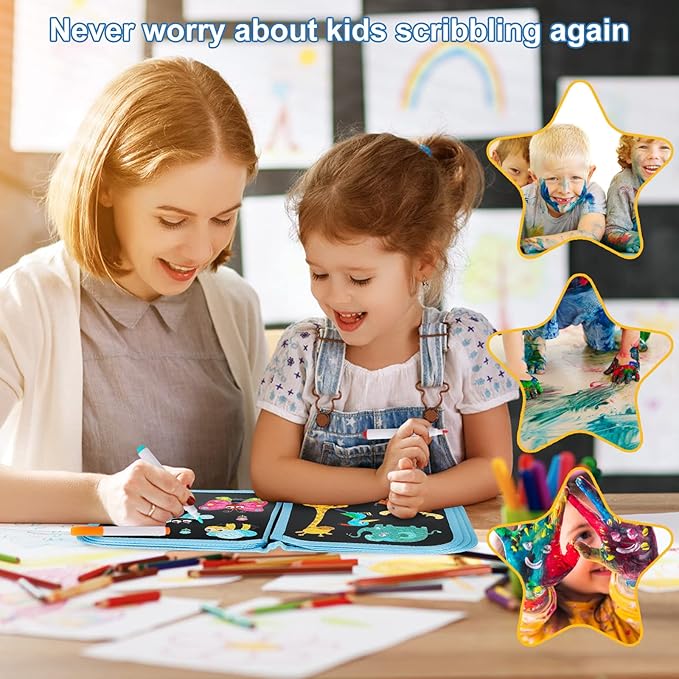 Erasable Book Doodle Set for Kids,Reusable Magic Drawing Book for Kids with 12 Watercolor Pens 14 Page Drawing,Road Trip Car Game Writing Painting Set for Boys and Girls (Arch Bridge Cat)