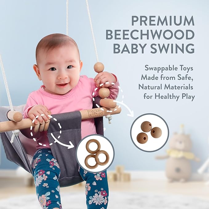 Monkey & Mouse Baby Swing, Grey White Indoor Outdoor Portable Hanging Chair - Infant & Toddler Kids 6 Months - 4 Years, Cotton Canvas & Beech Wood Frame, Sensory Hammock Boy & Girl Seat w/Wooden Toys