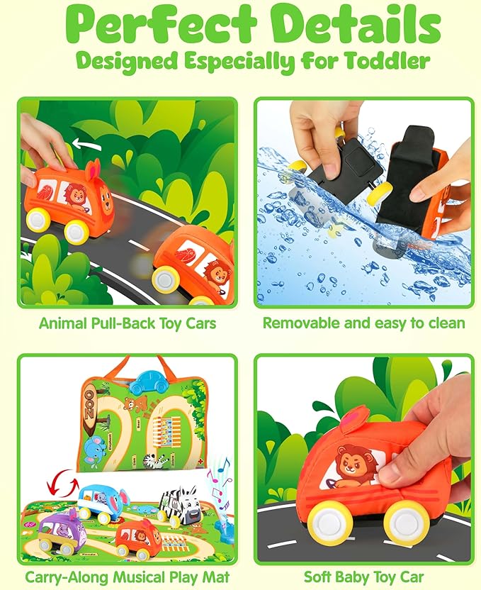 Vanmor Baby Car Toys for 12 Month Old Toys, Musical Playmat with 4 Animal Soft Pull-Back Vehiclefor 1 Year Old, Soft Baby Learning Toys 12-18 Months, 1st Birthday Xmas Gift for Toddlers