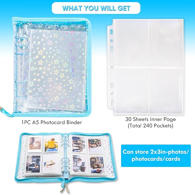 Kpop Photocard Binder Holder with 30 Pack 4-Pocket Inner Pages, A5 6 Ring Cover Album Book with Zipper for Organizing Trading Card (Blue)