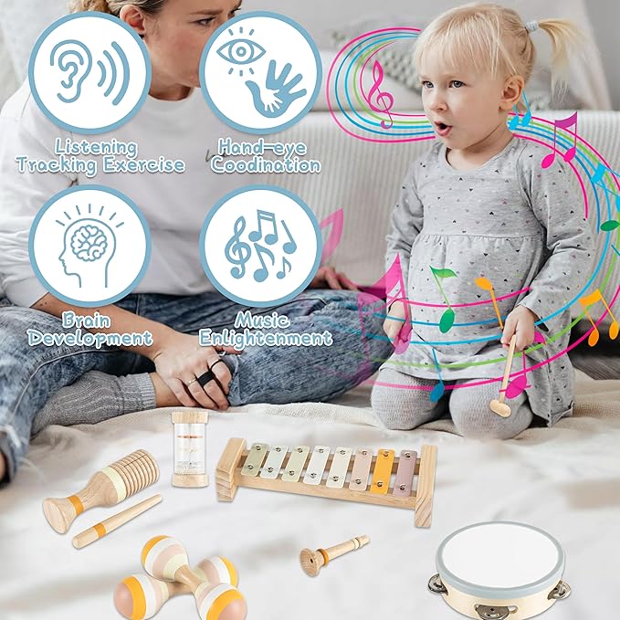 VINJOE Baby Musical Instruments - Montessori Musical Toys for Toddlers 1-3, Neutral Colors Wooden Instruments Set for Kids Preschool Educational 3+ Early Learning Musical Toys Birthday Gifts