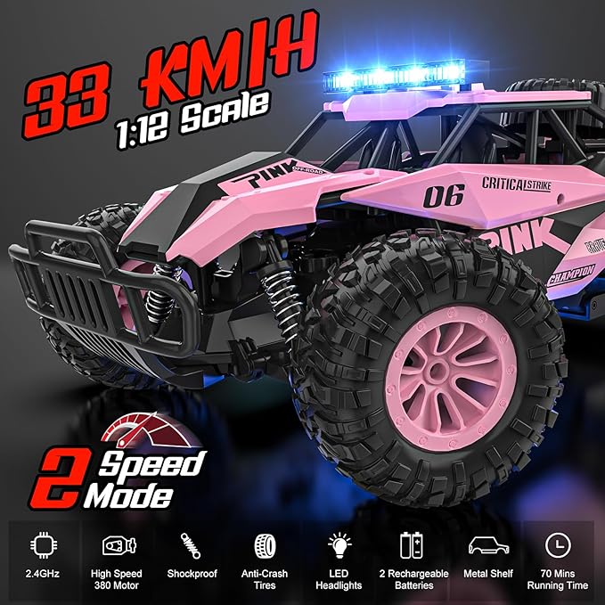BLUEJAY Remote Control Car, 2.4GHz High Speed 33KM/H RC Cars Toys, 1:12 Monster RC Truck Off Road with LED Headlight and Rechargeable Battery Gifts for Adults Boys 8-12