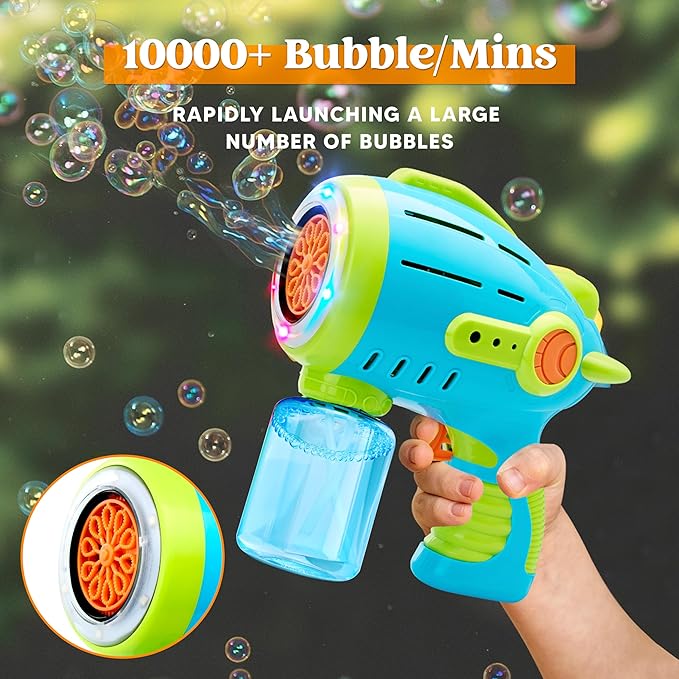 Sloosh 2 Packs Bubble Gun for Kids with 10 Holes, Bubble Machine Gun for Toddlers 1-3, Automatic Light Up Airship Blower with 2 Bottles 4 Bags Refill Solution, Summer, Outdoor Toy, Party, Easter, Gift