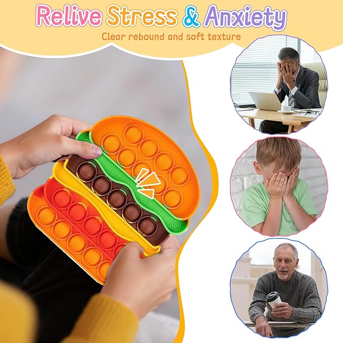 3 Pcs Fidget Sensory Toys, Push Bubble Poppers Hamburger French Fries Drinks Bulk Sets,Silicone Stress Relief Toy for Toddler Kids Boys Girls Adults,Birthday Gifts Party Favors,Classroom Prizes