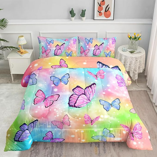 Sunshine Watercolor Butterfly Comforter Set - Rainbow Bedding with 1 Comforter and 2 Pillowcases for Boys and Girls Bedroom - All Season Queen