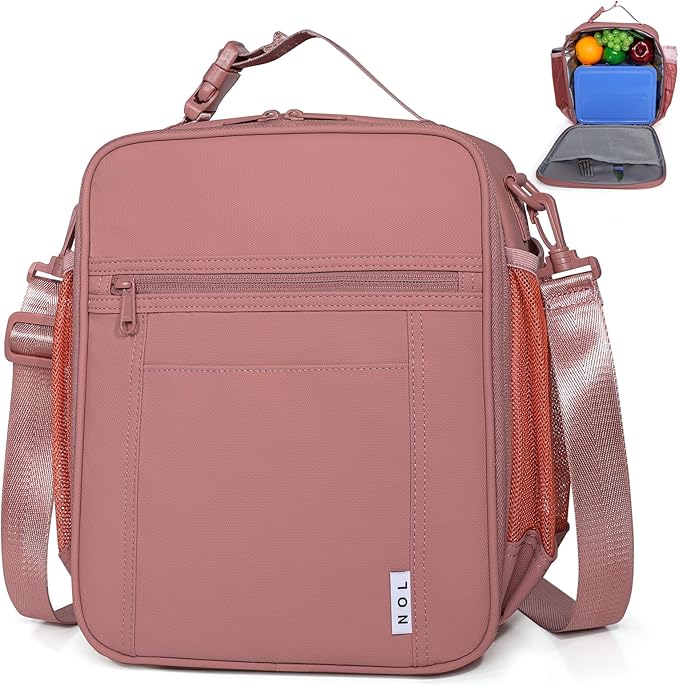 NOL Nylon Waterproof Kids Lunch Bag, Insulated Lunch Bag, Lunch box Cooler, Reusable, Zip Closure with Buckle Handle Holds Lunch Box, Snacks & Water Bottle for School Work, Dark pink