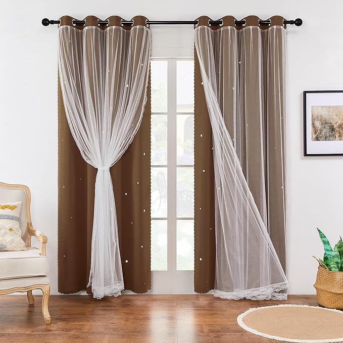 XiDi Black Out Curtains, Double Layer, Unicorn Pattern for Kids & Living Room - 84" Long, 2 Panel Brown