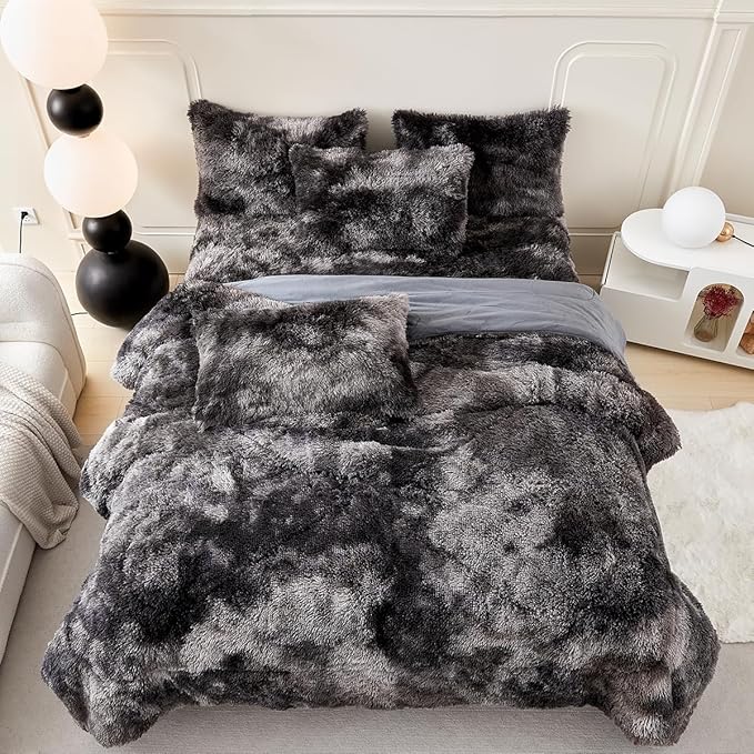PERFEMET 3 Pcs Dark Grey Plush Comforter Set Queen Size Long Hair Faux Fur Tie Dye Bed Set for Women Adults Super Soft Cozy Fluffy Fuzzy Shaggy Bedding Sets(Dark Grey, Queen)