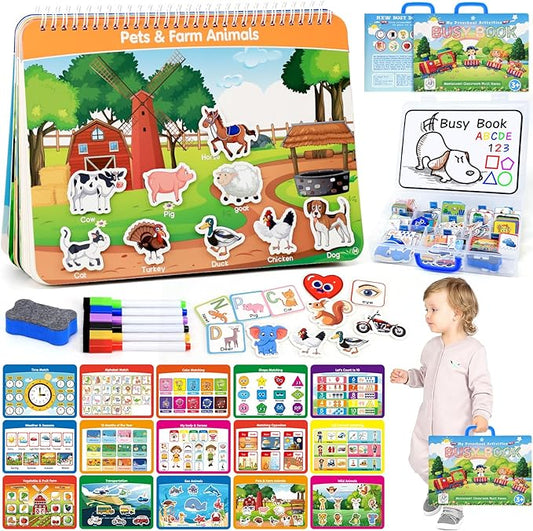 Preschool Busy Book for Toddlers with Case, 176 Pieces Accessory Complete Preassembled Activity Books for Kids, Learning Resources Montessori Educational Toy, Gifts for 3+ Year Old Boy Girl