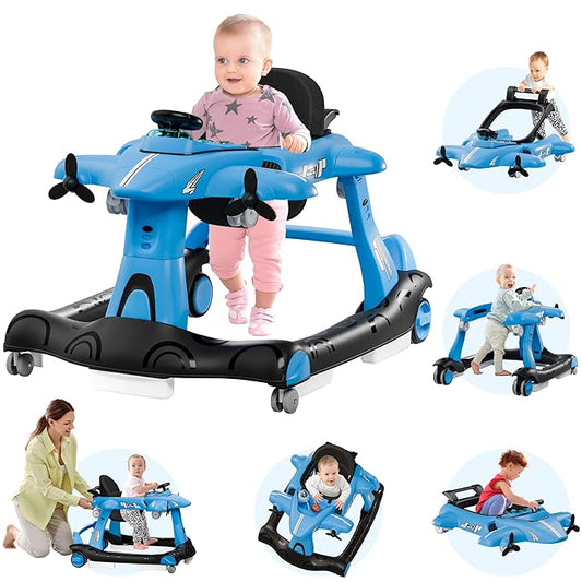 Xilingol 6-in-1 Baby Walker with Wheels, Adjustable Height & Speed Activity Walker with Padded Seat, Foldable Walker for Babies, Toddler Push Walkers for Boy & Girl 6-18 Months, Music & Light