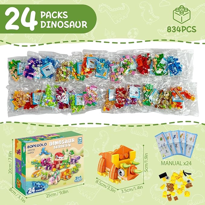 24 Pack Mini 3-in-1 Dinosaur Building Set, Kid's Classroom Gifts Build Block Toy Stocking Stuffers, Classroom Prizes Goodie Bags Fillers, Party Favors Boxes for Boys Girls 6 8 10 12