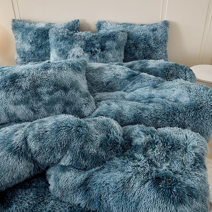 PERFEMET Plush Fluffy Comforter Set Twin Size Kids 3 Piece Turquoise Shaggy Faux Fur Tie Dye Bedding Set Super Soft Long Hair Fuzzy Furry Bed Comforter for Boys Girls(Turquoise, Twin)