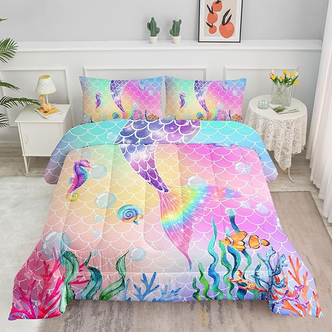 Mermaid Tail Comforter Set Rainbow Pink Scales Mermaid Printed Bedding Set with 1 Comforter and 2 Pillowcases for Boys and Girls Bedroom All Season(Full)