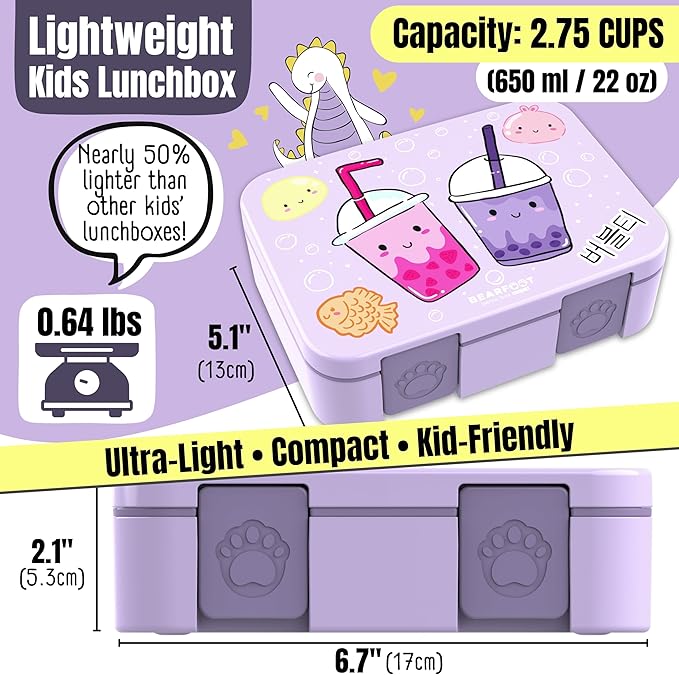 BEARFOOT Kids Lunch Box with Compartments – Compact & Lightweight | Leak-Proof, BPA-Free, Dishwasher & Microwave Safe | Hand-Drawn Design for Preschool, School, Travel (BubbleTea Purple, 2.75 Cups)
