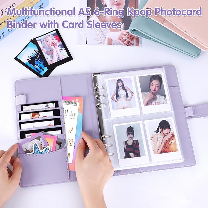 Antner A5 Kpop Photocard Binder 6-Ring Card Collector Album with 40 Pack Card Sleeves, PU Leather Photocard Holder Book with Multi-Size Photo Protectors for Organizing Trading Cards, Purple A5 Binder