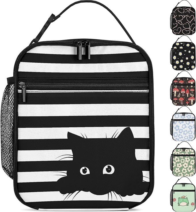 Cat Lunch Box Girls Boys Insulated Lunch Bag Reusable Lunchbox with Side Pocket,Black and White Striped Lunch Box for Girls Boys,Waterproof Lunch Tote Bag for Women Men Kids Work Office School Picnic