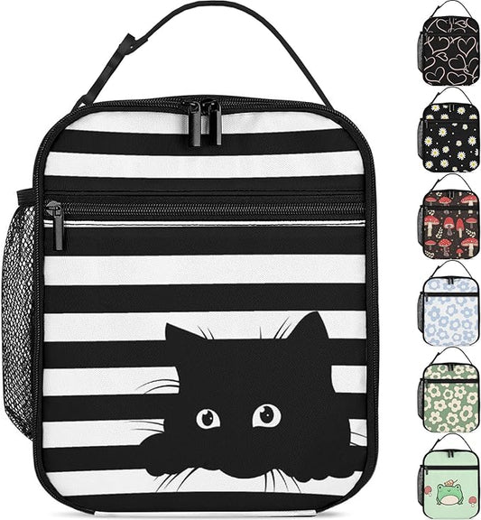 Cat Lunch Box Girls Boys Insulated Lunch Bag Reusable Lunchbox with Side Pocket,Black and White Striped Lunch Box for Girls Boys,Waterproof Lunch Tote Bag for Women Men Kids Work Office School Picnic