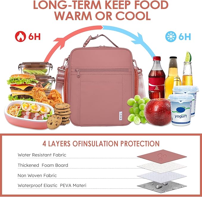 NOL Nylon Waterproof Kids Lunch Bag, Insulated Lunch Bag, Lunch box Cooler, Reusable, Zip Closure with Buckle Handle Holds Lunch Box, Snacks & Water Bottle for School Work, Dark pink