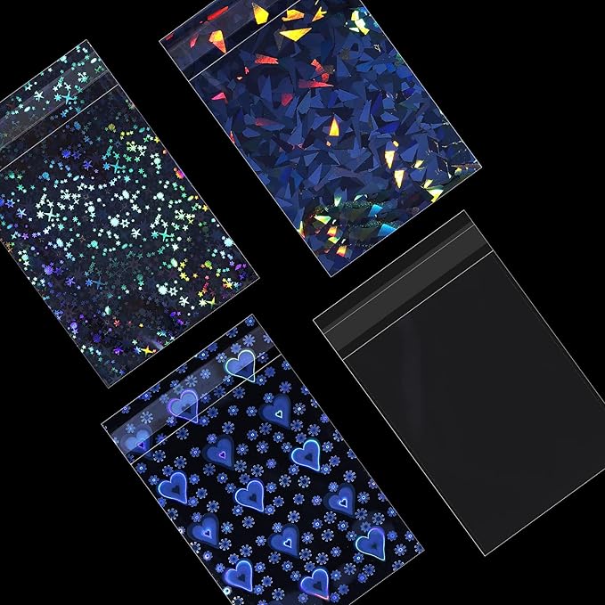 Tinlade 200 Pcs Laser Flashing Kpop Holographic Photo Card Sleeves Little Star Heart Glass Gemstone Transparent Trading Cards Sleeves 2.6 x 3.5 Inches