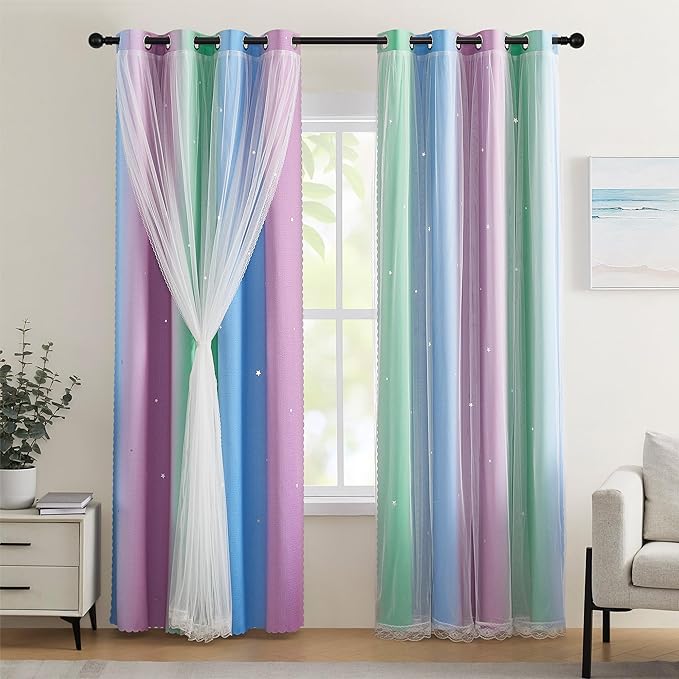 XiDi Girls Curtains for Bedroom 96 Inches Long 2 Panels Green Purple Blue Rainbow Blackout Curtains for Little Girl Kids Room Decor Living Room, Princess Unicorn Wall Decals Drapes 52x84
