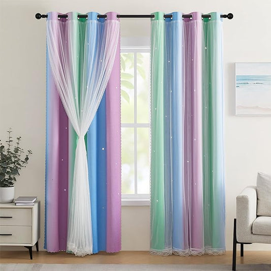 XiDi Girls Curtains for Bedroom 96 Inches Long 2 Panels Green Purple Blue Rainbow Blackout Curtains for Little Girl Kids Room Decor Living Room, Princess Unicorn Wall Decals Drapes 52x84
