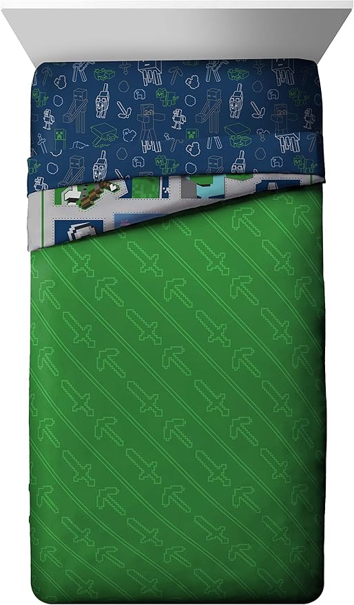 Jay Franco Minecraft 5 Piece Twin Bedding Set - Includes Reversible Comforter, Sheets and Pillowcases - Features Creeper, Ghost, Zombie and Enderman