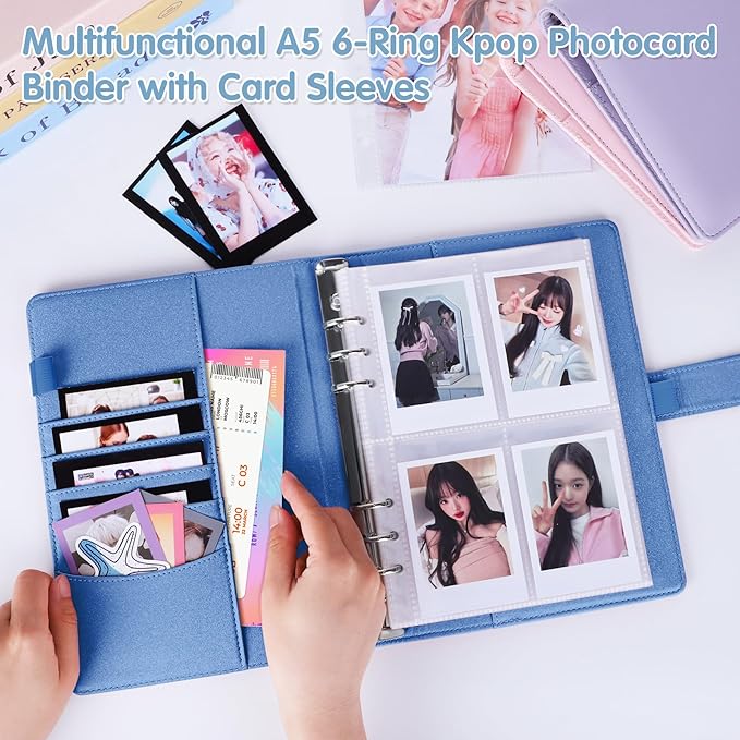 Antner A5 Kpop Photocard Binder 6-Ring Card Collector Album with 40 Pack Card Sleeves, PU Leather Photocard Holder Book with Multi-Size Photo Protectors for Organizing Trading Cards, Glitter Blue