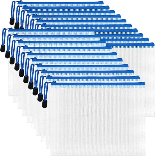 AUSTARK 20 Pcs Zipper File Bags, Plastic Mesh Pouch, Board Game Storage Bag, Waterproof Bags for Office School (A5 Size 9.2''x6.7'', White and Blue)