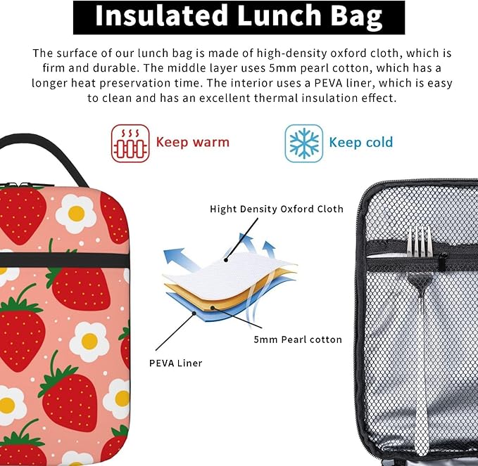 Strawberry Insulated Lunch Bag Kids,Kids Lunch Box for Girls Boys,Bento Lunch Box Cooler Bag with Front Pocket for Women Men,Cute Lunch Tote Bag Lunchbox for Work/Office/School/Picnic