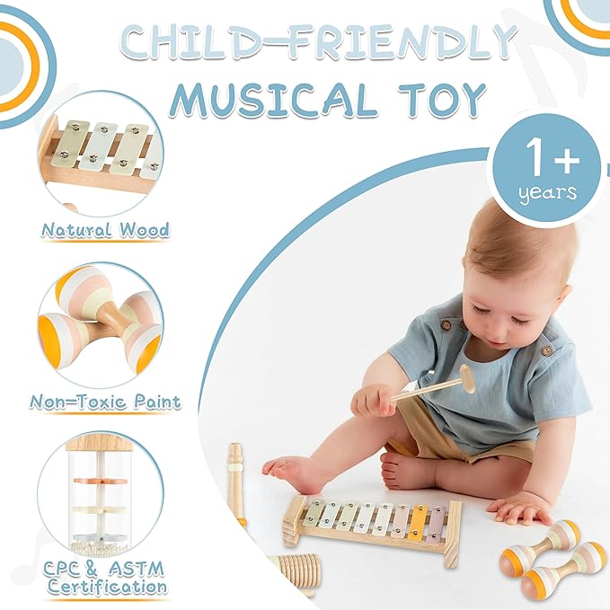 VINJOE Baby Musical Instruments - Montessori Musical Toys for Toddlers 1-3, Neutral Colors Wooden Instruments Set for Kids Preschool Educational 3+ Early Learning Musical Toys Birthday Gifts
