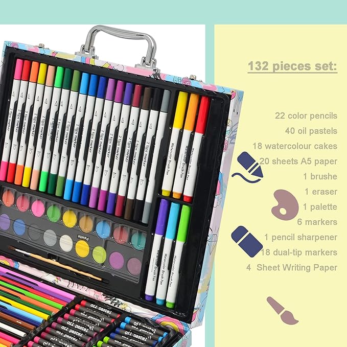 132-Piece Art Set, Deluxe Professional Color Set, Creating Gift Box, Art Set Crafts Drawing Painting Christmas Kit for Kids and Adult, Girls Boys