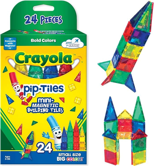 CreateOn Crayola Mini Magnetic PIP-Tiles, Bold Colors - Building Set for Kids, Magnetic Building Toys for Kids, STEM Travel Toys for Boys and Girls Ages 3+, 24-Piece Set (Bold)